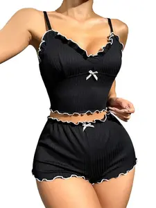 AgeRose Women's Slim-Fit Knit Pajama Set, V-Neck Backless Tank Top & Shorts, Minimalist Summer Loungewear, All-Season Black Sleepwear