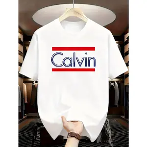 Men’s Minimalist Name Print T-Shirt, “Calvin” Letter Graphic Casual Short Sleeve Crew Neck Tee, Soft Breathable Fabric, Comfortable Relaxed Fit Everyday Top, Simple Street Style Gift Idea