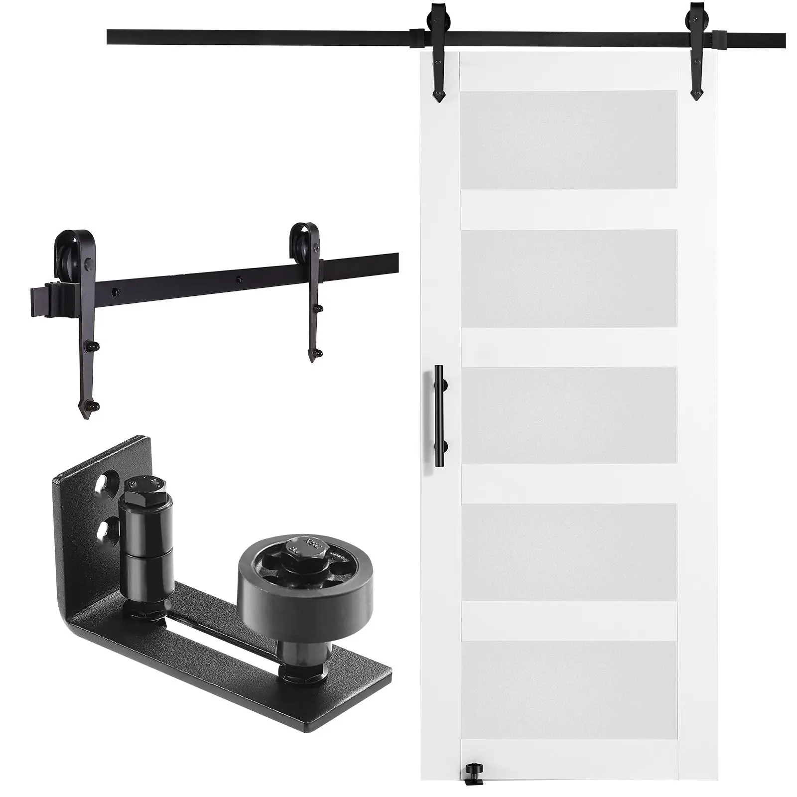 Complete Barn Door Hardware Kit For A 32" x 84" Wood And Glass Sliding Door - Smooth, Quiet Operation, 8-In-1 Floor Guide, Door Handle, Spruce Wood Slab With Frosted Glass, Ready For Indoor Residential Installation