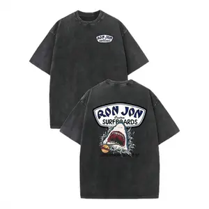 Shark surf pattern summer crew neck short-sleeve T-shirt, unisex T-shirt, comfortable and stylish, high-quality double-sided printed vintage washed cotton T-shirt, suitable for vintage street style