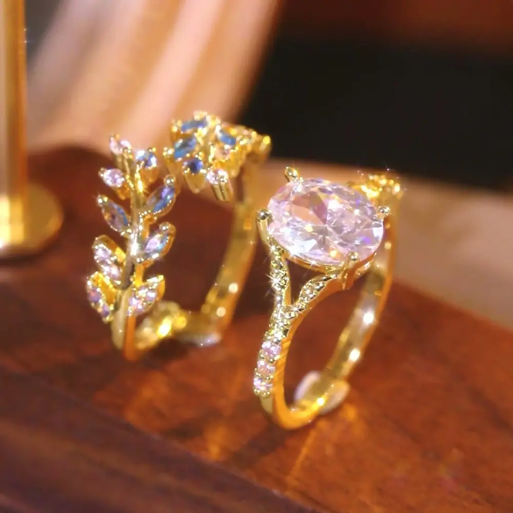 Vintage two piece set elegant oval cubic zircon leaf ladies wedding ring bride engagement marriage set wedding banquet proposal valentines day christmas thanksgiving gift daily wear for girls Stacking Ring Set
