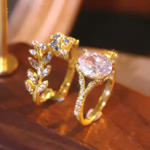 Vintage two piece set elegant oval cubic zircon leaf ladies wedding ring bride engagement marriage set wedding banquet proposal valentines day christmas thanksgiving gift daily wear for girls