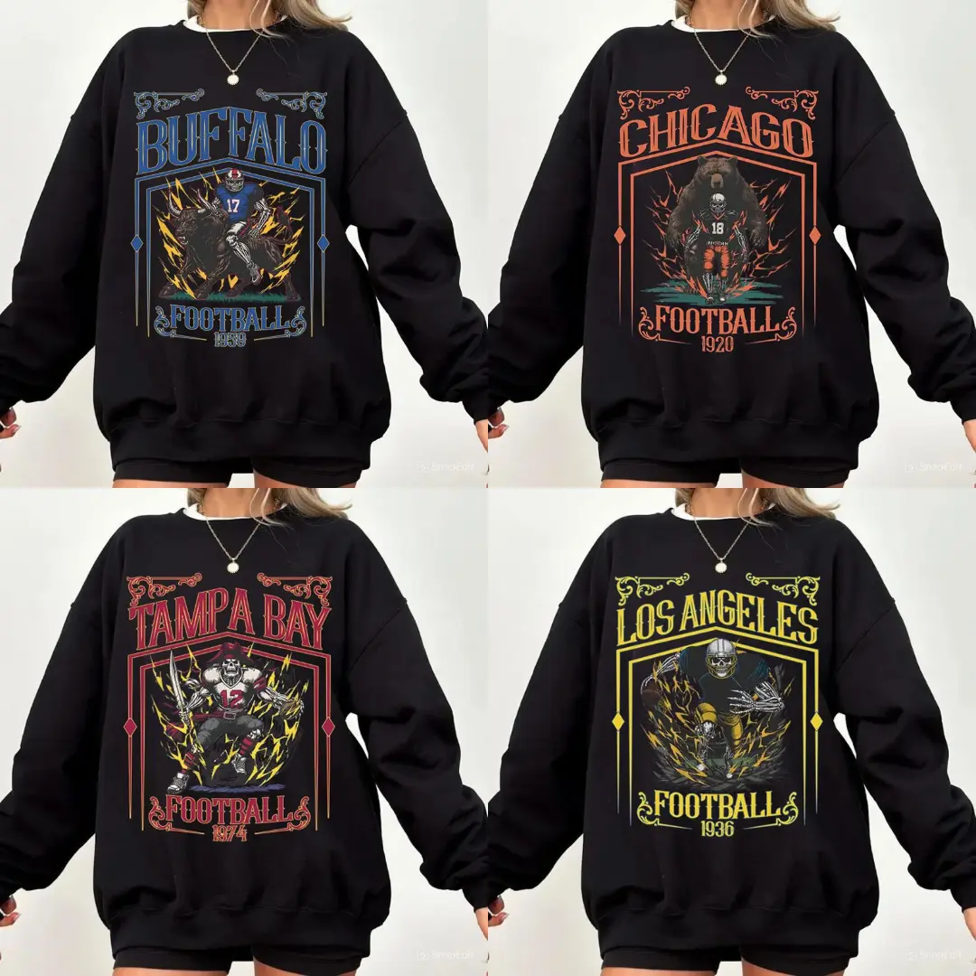 All Teams Football Skull Classic Sweatshirt, Football Game Day Sweatshirt, Black Color Football Shirt, Design Football Shirt, Gift For Football Fans, Vintage Sport Crewneck