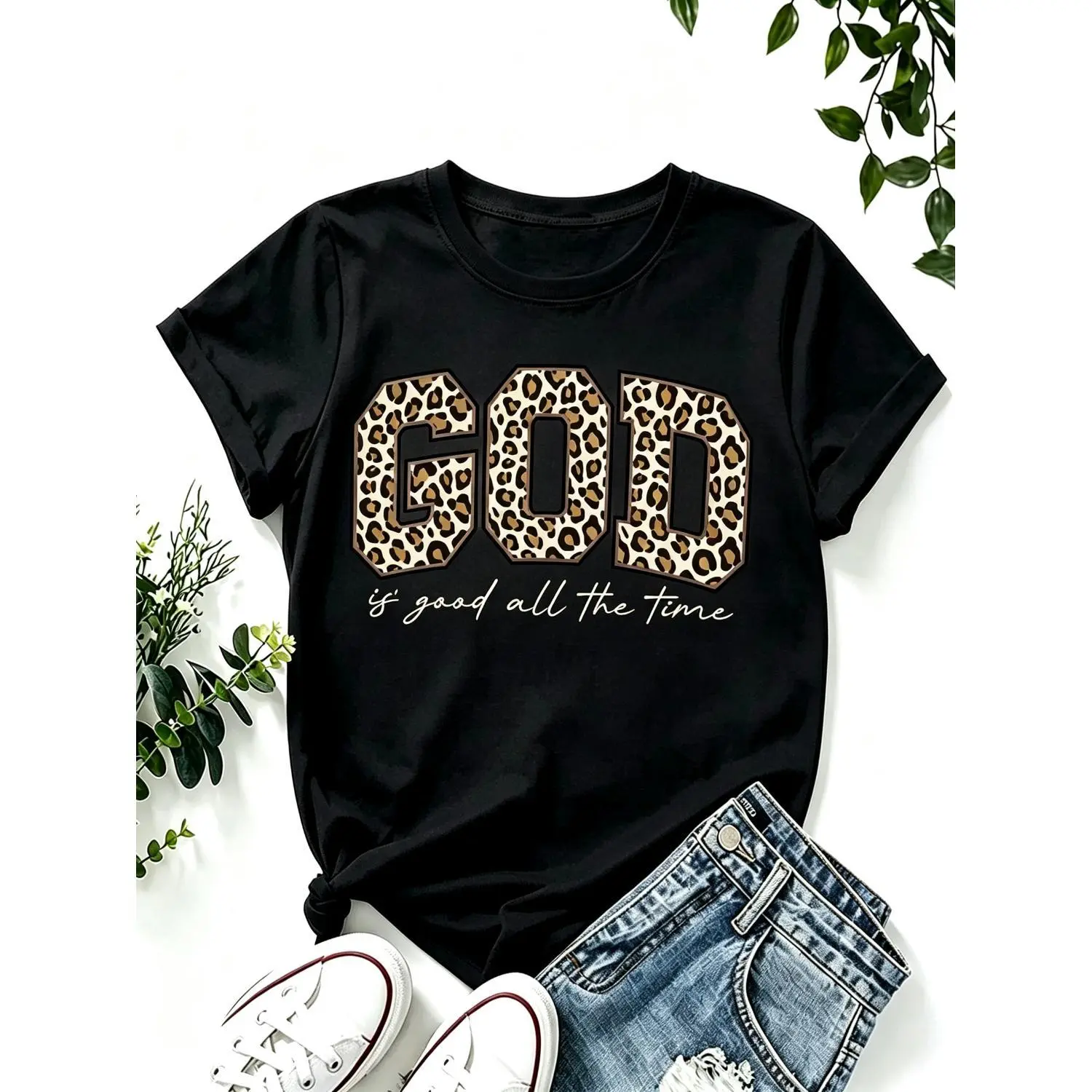 Women's Leo Theme Leopard Print Crew Neck Short-Sleeve Casual Premium Batik Vintage T-Shirt, All Seasons Summer Top, Ideal Holiday Gift
