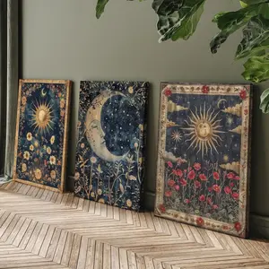 3pc-Vintage Floral Decorative Wall Art, Sun and Moon Tarot Poster, Astrology Print, Mystic Boho Style Printing, Navy Blue and Gold Canvas Decoration, Living Room & Bedroom Aesthetic, Perfect Housewarming Gift, Unframed