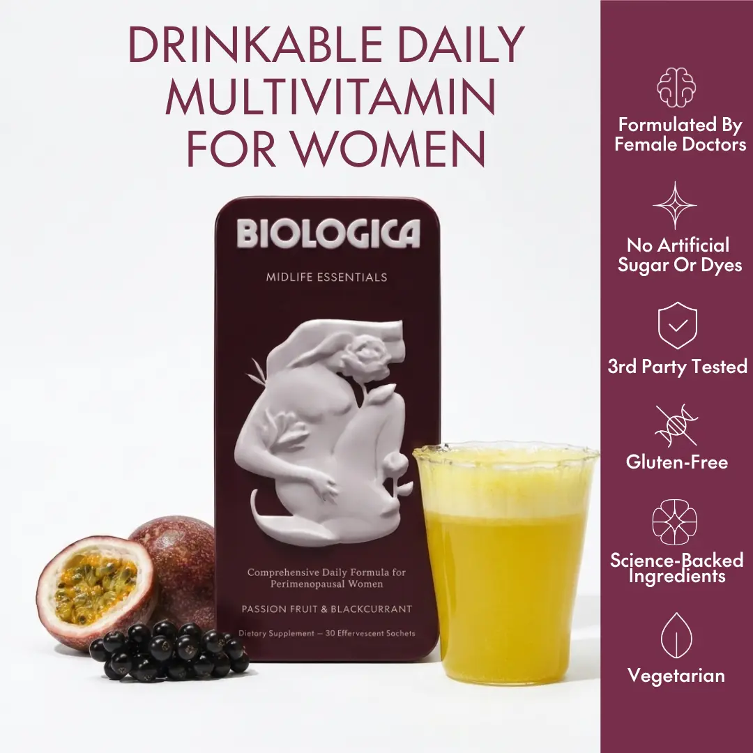 Postmenopause Supplement for Women 50+ – Biologica Postmenopause Essentials Effervescent Drink, 30 Servings with Pomegranate, Chromium, Probiotics & Bone Complex (D3, K2, Calcium) for Lean Muscle, Skin, Gut Health & Healthy Aging | menopause support