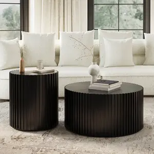 Fluted Round Coffee Table and End Table Set, 2-Piece Modern Wood Drum Coffee Table Sets, for Living Room, Black, Fully Assembled