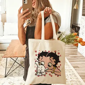 Betty Boop Canvas Tote Bag Eco Friendly Reusable Bag Cute Cartoon Summer Beach Festival Picnic Market Shopping Everyday Travel Fashionable Durable Double Sided Printed Grocery Personalized Gift Trendy Stylish Lightweight Tote for Women Men Teens outdoorfu