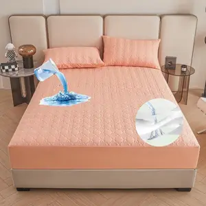 Solid Color Waterproof Mattress Pad, 3 Counts/set Including 1 Count Fitted Sheet & 2 Counts Pillowcase, Mattress Protector for Home Bedroom, Waterproof Mattress Cover