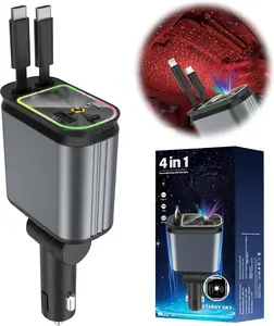 Starlight in Car Roof- 4 in 1 Retractable Car Charger, Fast Car Phone Charger with Starry Night Feature, Car Adapter with Retractable Cables and USB Type C Ports for iPhone 15/14/13/12, Galaxy (A)