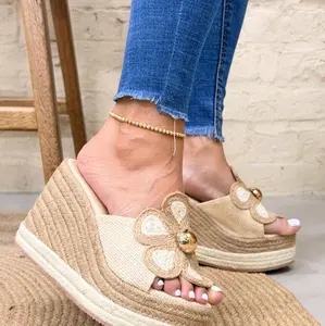 Floresita 10 cm - Floral Design Wedge Sandals with Gold Bell Detail and Espadrille Sole