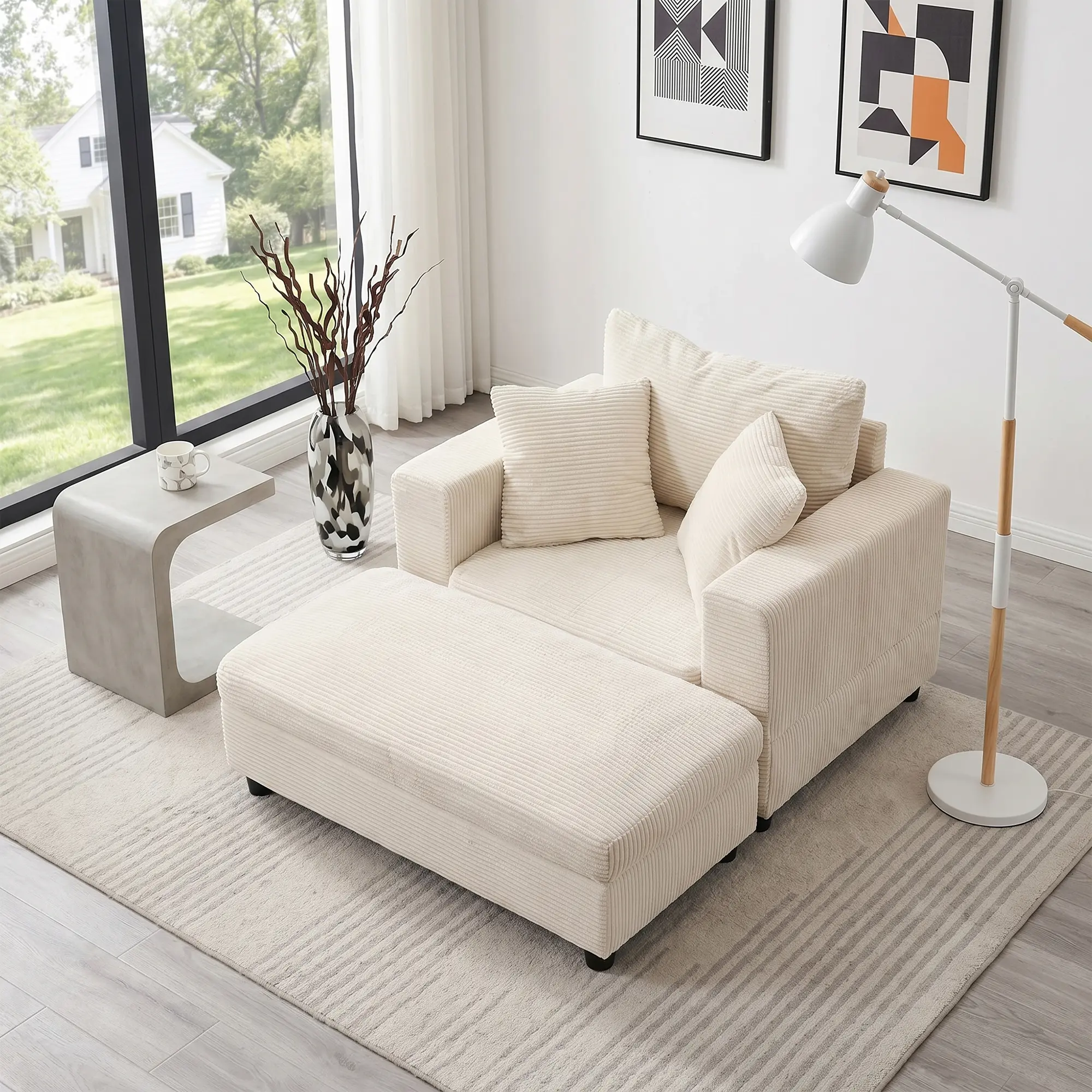 Chaise Lounge Chair with Removable Ottoman Accent Sofa Bed Upholstered Sleeper Couch Bed with Pillows Modern Deep Seat Upholstered Armchair for Living Room Bedroom Guest Room Home Office, Living Room Furniture for Apartment, Lounge