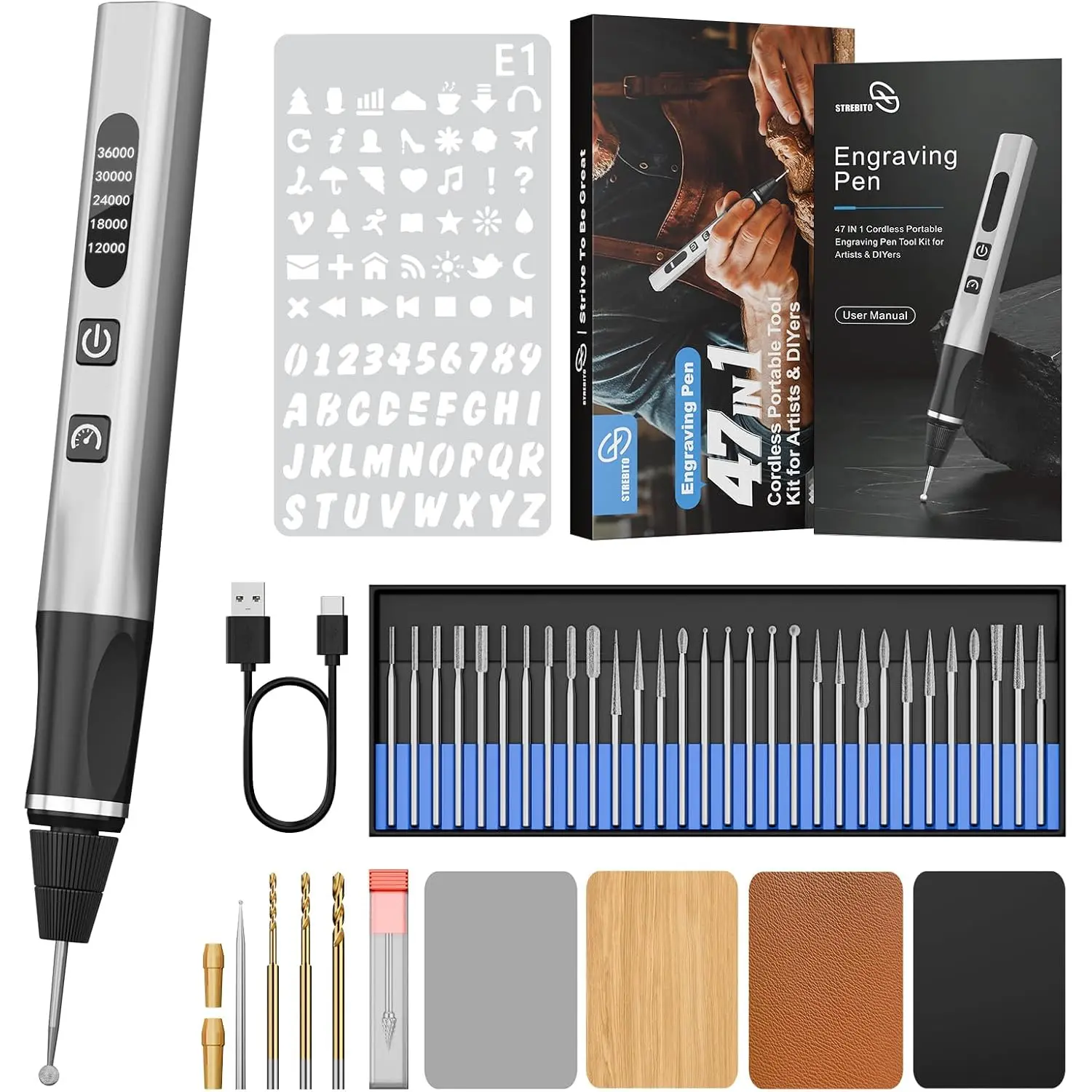 STREBITO Engraving Pen for Metal Wood Glass Plastic, 47 in 1 Engraving Kit