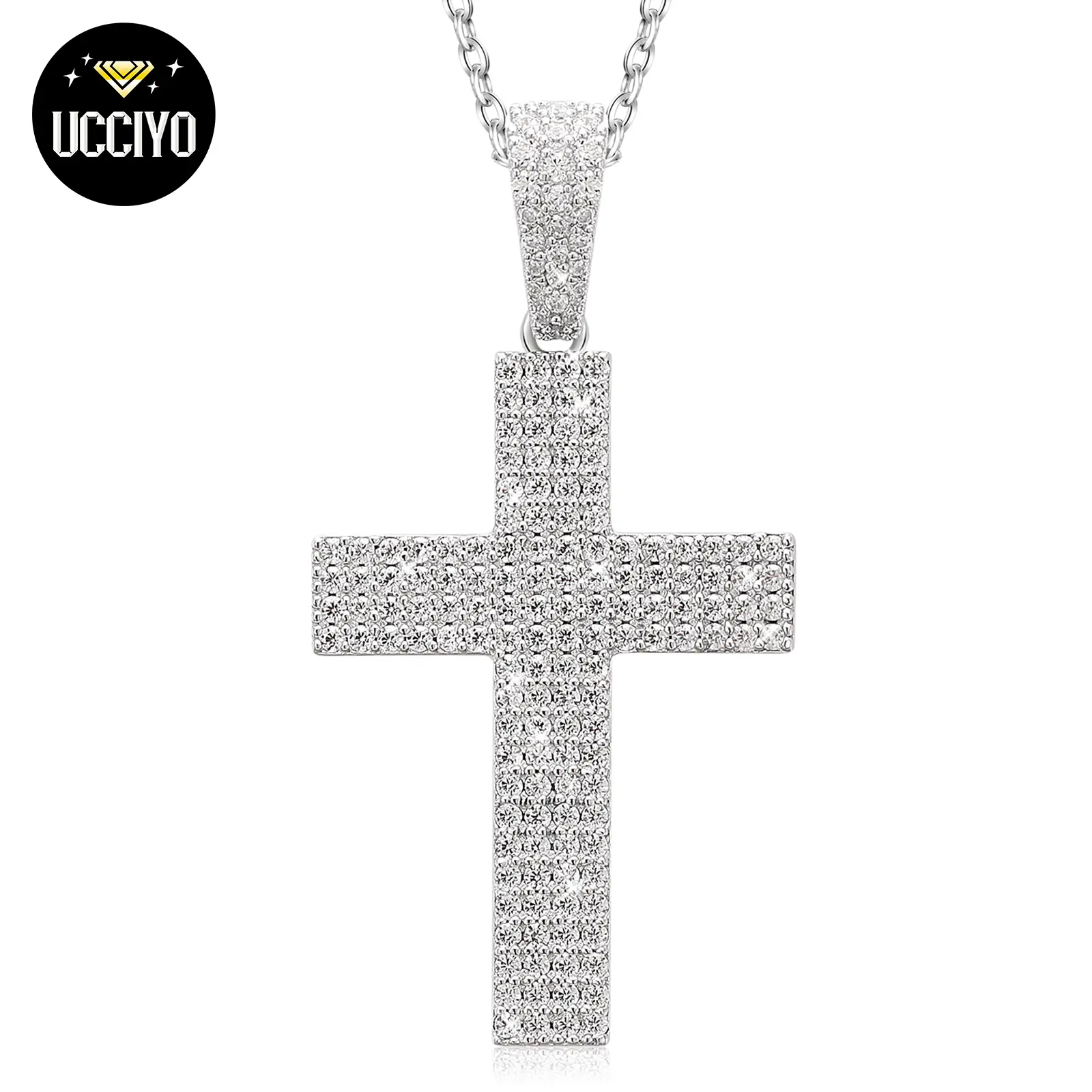 【#P73 】925 Sterling Silver Synthetic Moissanite Pendant Necklace, Cross Pendant for Men and Women Hip Hop Jewelry Gift Party Daily