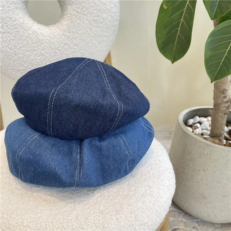 Women's Denim Octagonal Cap, Retro Korean-Style Artist Beret with a Face-Slimming Design for Large Head Circumference, Accessories For Women, Hats For Women