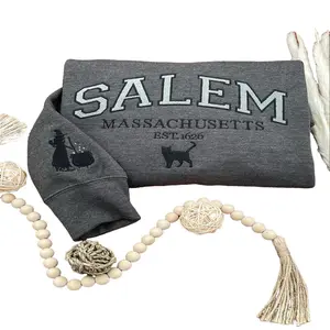Salem Massachusetts sweatshirt, Fall Embroidered Sweatshirt, Spooky Season Crewneck, Embroidered Sleeve witch