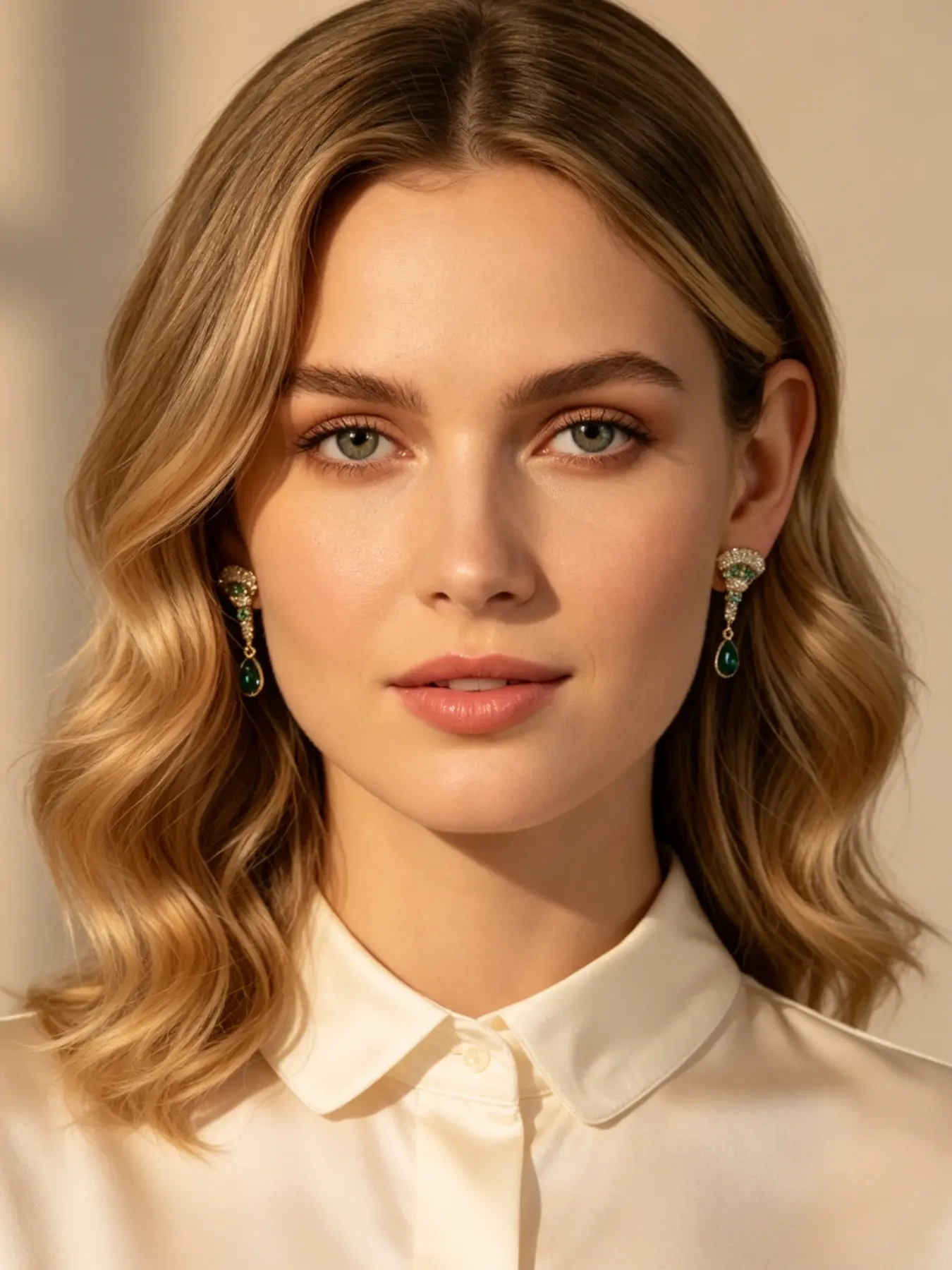 A pair of light luxury fan shaped diamond encrusted grandmother green water droplet pendant earrings, with a hanging design that exudes a noble and dynamic atmosphere, suitable for various scenarios such as daily commuting, dates, and dinners.