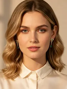 A pair of light luxury fan shaped diamond encrusted grandmother green water droplet pendant earrings, with a hanging design that exudes a noble and dynamic atmosphere, suitable for various scenarios such as daily commuting, dates, and dinners.