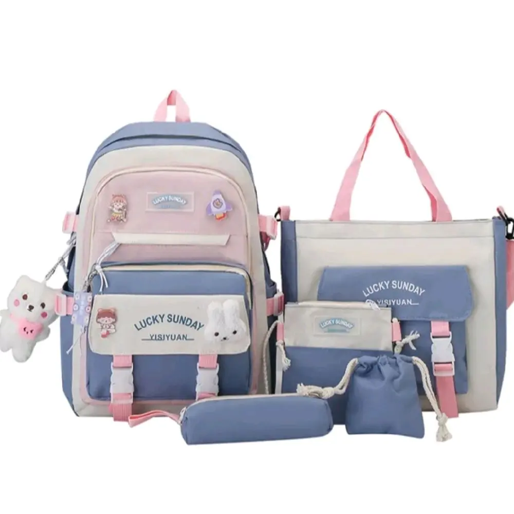 5PCS Kawaii Backpack Set with Cute Bear Accessories - Crossbody Purse, Aesthetic Pink School Bookbag for Back to School