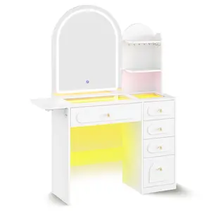 Arched Makeup Vanity with LED Lighted Mirror and Charging Station White