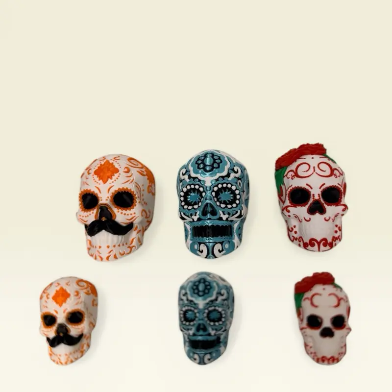 Decorative Sugar Skulls 3D Printed Desk Decor - Colorful Skulls with Mustaches and Floral Patterns