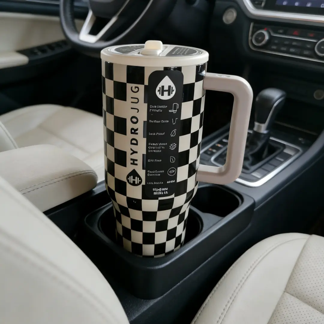 HydroJug 40oz Black & White Checkered Tumbler with Straw Lid & Handle - Cool Retro Style, Portable & Large Capacity Leak-Proof, for Car & Office Use, Travel Design, Birthday Mother's Day & Father's Day Gifts, Hydration Drinkware,  Insulated Water Bottle