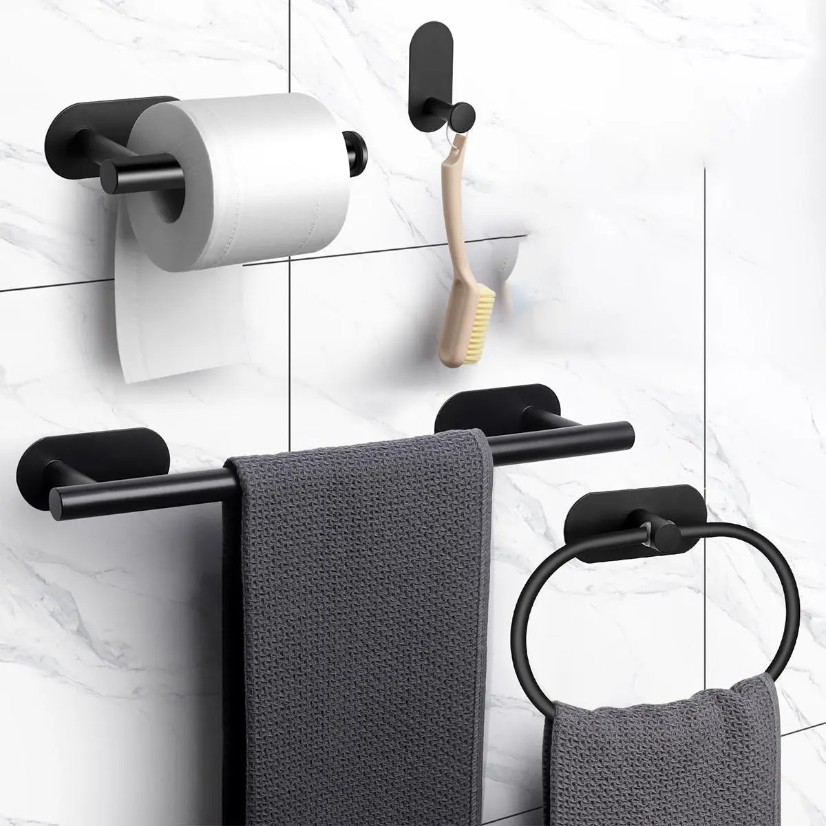 4-Piece 304 Stainless Steel Contemporary Bathroom Fixtures Set - Glue Mount, No-Drill Waterproof Wall Mount, Durable Paper Holder, Adhesive Towel Hooks, 15.5-in Towel Bar, Space-Saving for Small Bathrooms