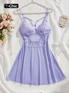 Women's Contrast Lace Backless Cami Nightdress, Solid Color Spaghetti Strap Nightgown, Soft Comfortable Sleep Dress for Women, Underwear, Nightwear