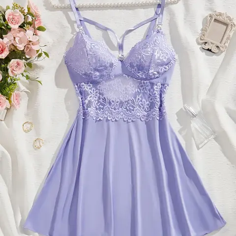 Women's Contrast Lace Backless Sleeveless Cami Nightdress, Solid Color Spaghetti Strap Nightgown, Soft Comfortable Sleep Dress for Women, Fit, Underwear, Nightwear, Womenswear, Sleepwear Nightdress