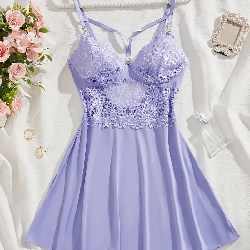 Women's Contrast Lace Backless Sleeveless Cami Nightdress, Solid Color Spaghetti Strap Nightgown, Soft Comfortable Sleep Dress for Women, Fit, Underwear, Nightwear, Womenswear, Sleepwear Nightdress