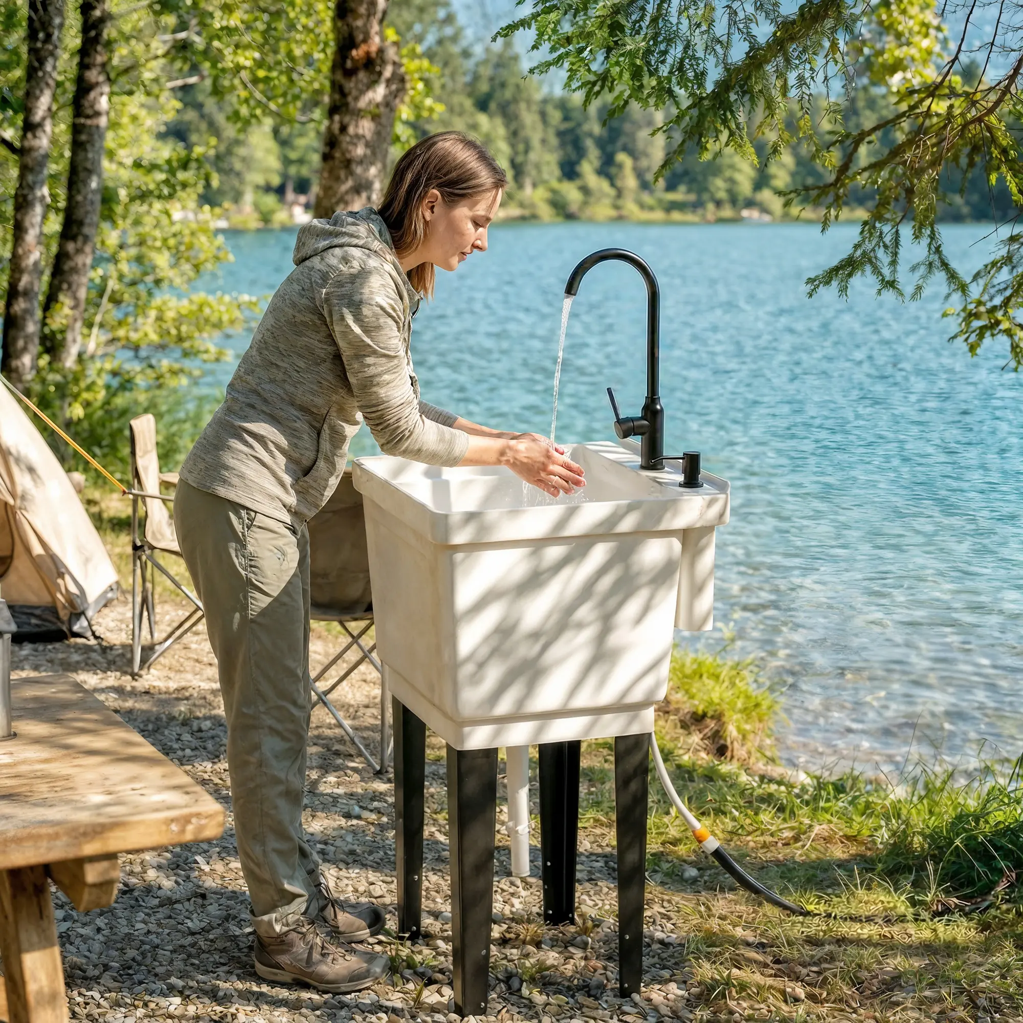 Endless Water Flow Portable Washing Sink 23 Gallon White Freestanding Laundry Tub With Inlet Drain Hoses Detachable Adjustable Legs All In One Wash Station For Food Stall School Outdoor Renovation
