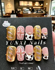 YUNXI Nails - Gold & Pink Floral Nail Art Designs for XS S M L Sizes - Trendy Manicure Options for Stylish Looks
