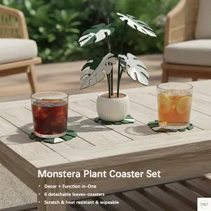 Monstera Plant Coaster Set, 6 Detachable Coasters with Decorative Potted Plant Display, Modern Rustic Farmhouse Home Decor, Functional Desktop Decor Gift for Plant Lovers