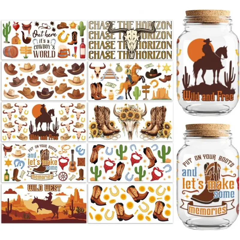 UV DTF Cup Wraps Transfer Stickers Western Cowboys Pattern, 10 Sheets Waterproof Custom Vinyl Transfer Sticker 16oz Coffee Glass Cup Tumbler Bottle Mug Decals for Men Women