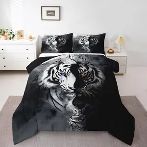 Feelyou Tiger Pattern Microfiber Bedding Set, African Safari Animal Duvet Set with Black and White Stripes 3D Wildlife Quilt, Skin-Friendly Warm Down Comforter for Boys, Breathable Soft Blanket