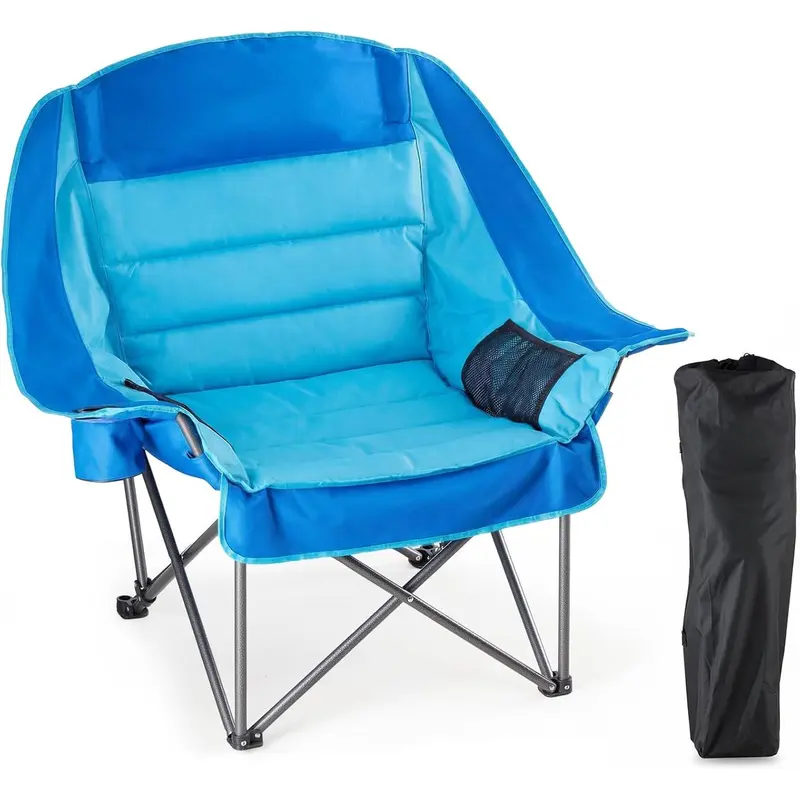 Portable Camping Chair with Cup Holder & Cooler Bag – 450 LBS Heavy Duty Folding Chair for Fishing Beach, Compact Carry Bag Included, Supports Up to 450 lbs (Blue/Black Grey/Green/Red Grey)