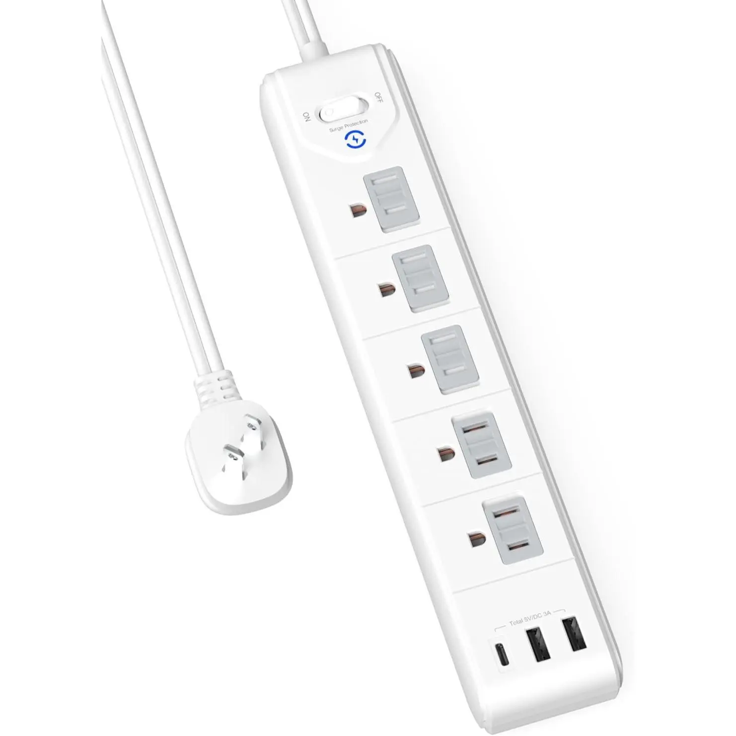 2 Prong Power Strip,  2 Prong to 3 Prong Outlet Adapter, 5ft Extension Cord with Polarized Plug, 1680J Surge Protector, 5 AC Outlets & 3 USB, Wall Mountable, Ideal for Non-Grounded Outlets
