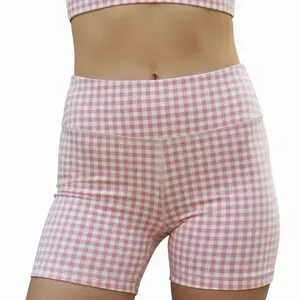 Gingham Print Biker Shorts High-Rise Waistband Form-Fitting Moisture-Wicking Fabric 82% Polyester 18% Spandex Comfortable Flexible Supportive