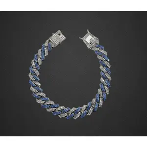 Blue & White Studded Cuban Link Silver Chain - Item #: 003