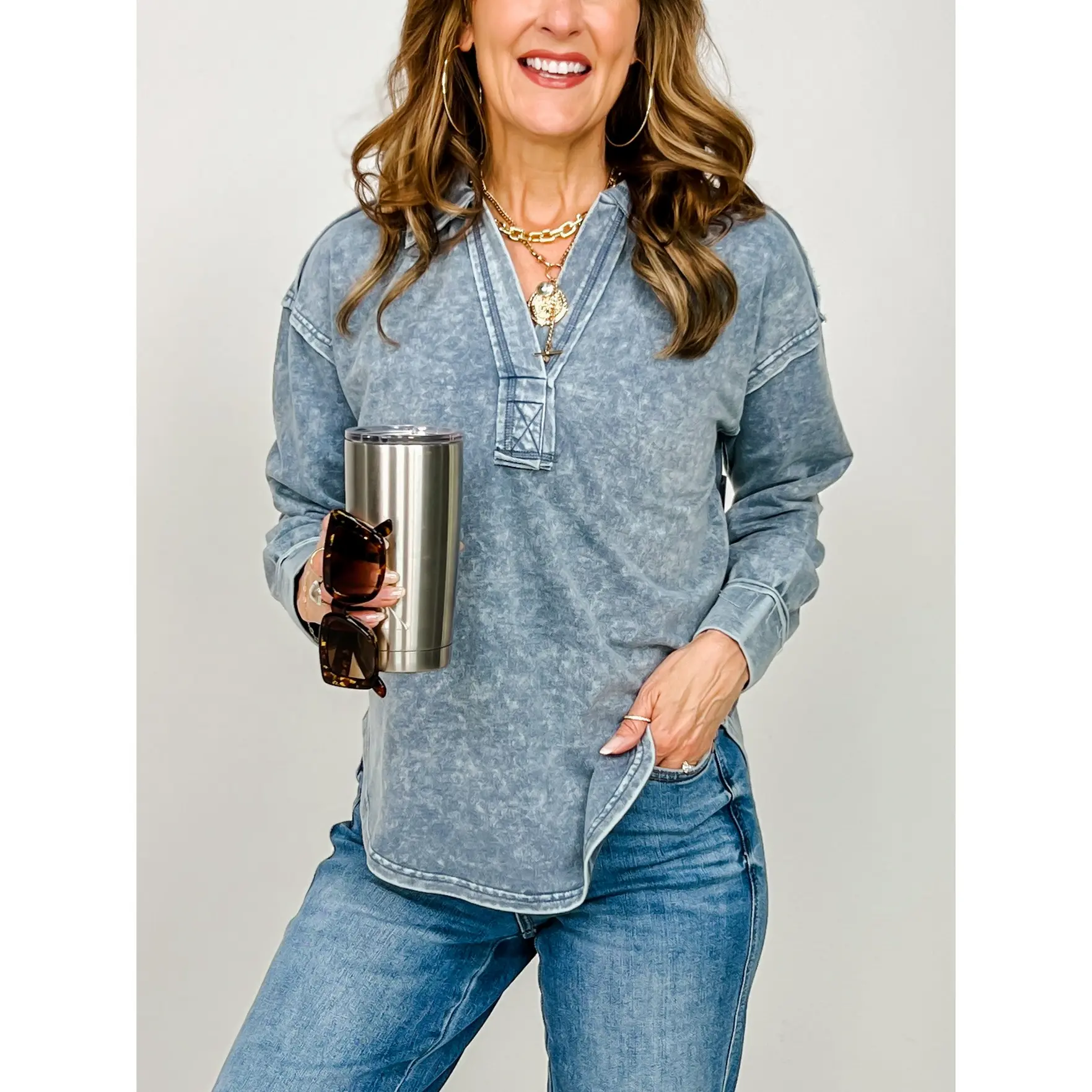 Washed Long Sleeve U Hem Polo Knit Top