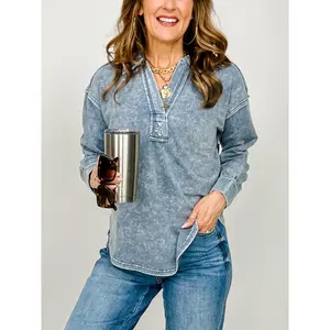 Washed Long Sleeve U Hem Polo Knit Top