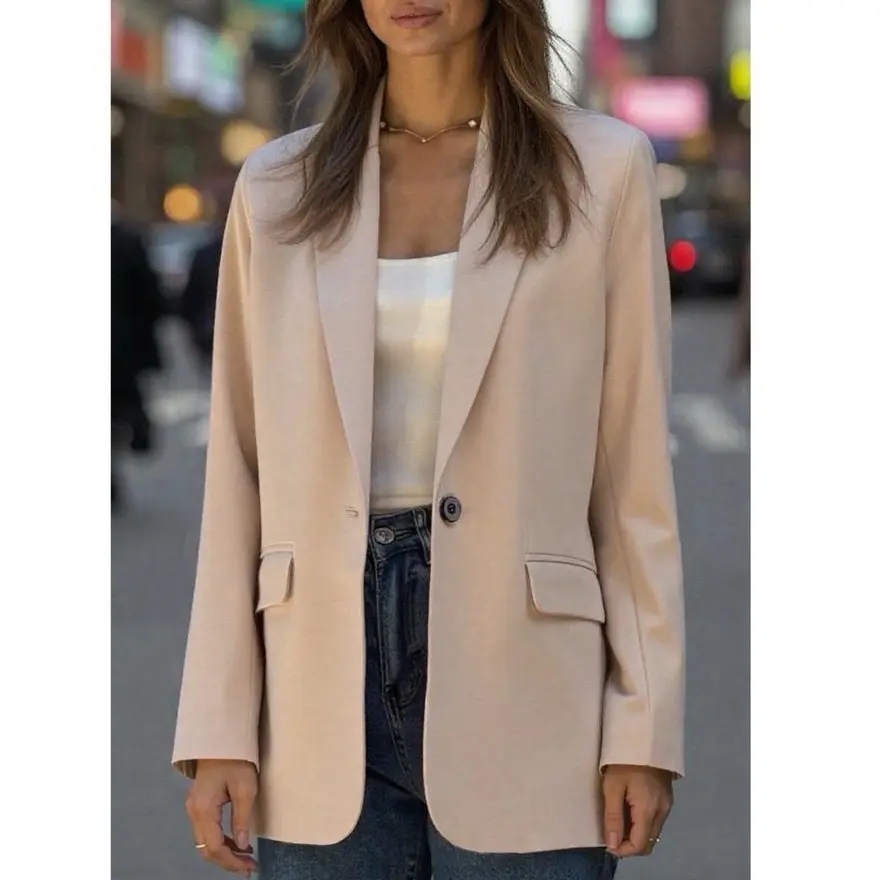 ELKONADA Beige Oversized Blazer for Women - Functional Pockets Open front jacket - Business Outfits and Any Occasions - Comfortable and Casual - Womenswear, Suit Dressy Piece