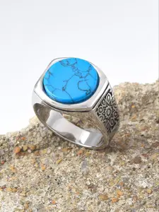 Business Casual Men's 316L Steel Ring, Turquoise Oval Inlay, Low-Key Luxury, Suitable for Work & Daily Life