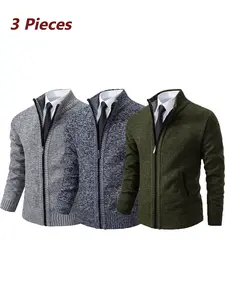 3-Pack Men's Stand Collar Faux Fur Knit Sweater, Fall/winter Warm Outerwear, Zip Closure, Loose Fit, Casual Style, Business/leisure Wear