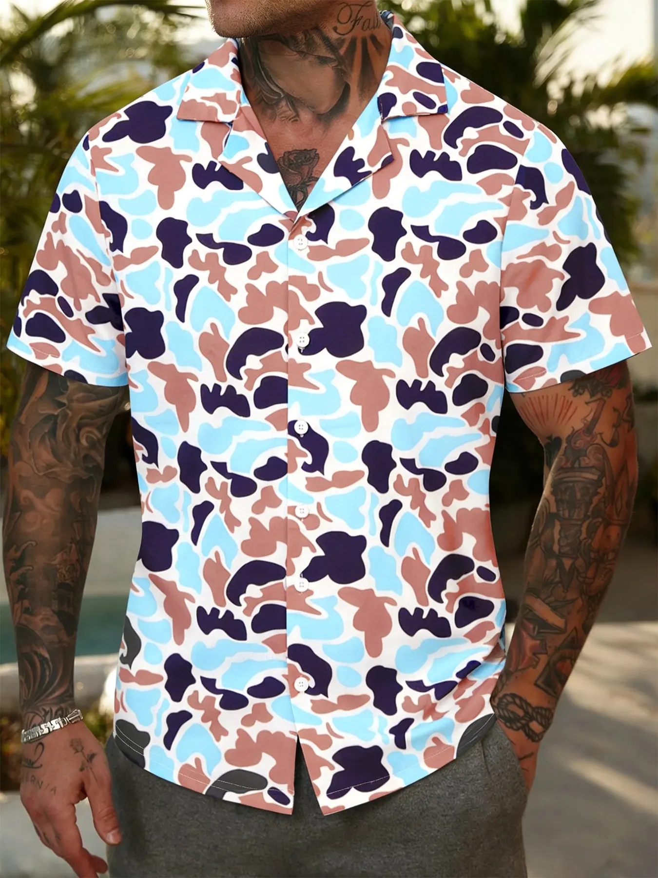 Men's Camo Print Cuba Collar Shirt, Regular Fit Casual Short Sleeve Button Up Top for Summer, Fashion Men's Top for Daily Wear, Camouflage, Camo Inspired Shirt