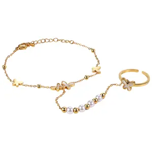 OIDEA Hand Chain Ring Bracelet for Women, Imitation Pearl Rhinestone Diamond Stainless Steel Adjustable Bohemian Jewelry Gift