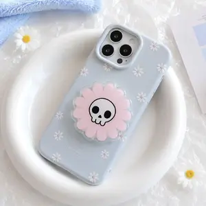 Pink Skull Flower Phone Grip, Hand Drawn Acrylic Stand (MagSafe Compatible)