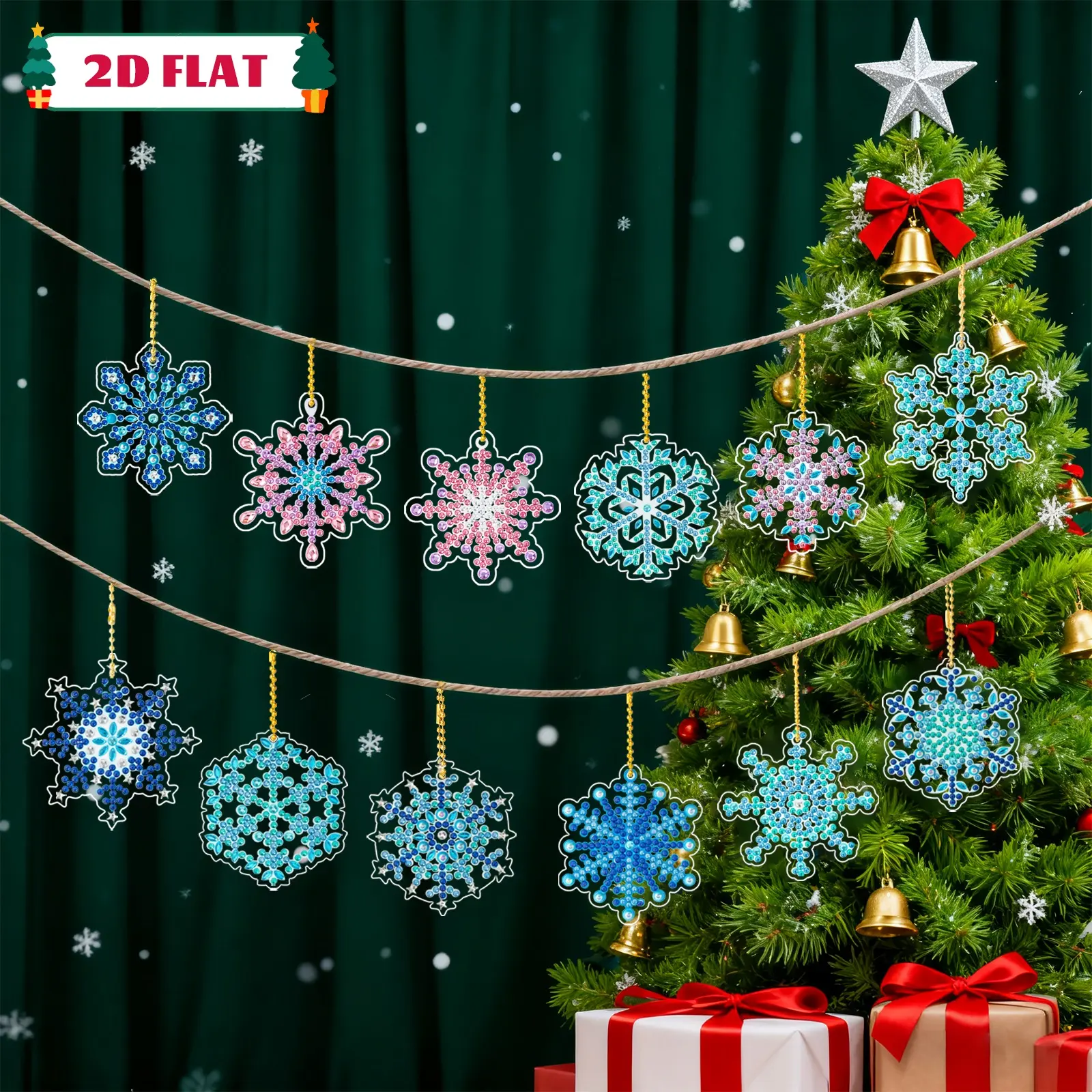 12pcs Christmas Diamond Painting Snowflake Ornaments - 2D Acrylic DIY Craft Handmade Hanging Decorations with Sparkling Gems, for Christmas Trees, Wreaths