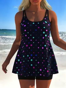 Women's Fashion Tankini Swimsuit Set, Tankini With Shorts, Colorful Small Dot Print, Beachwear for Summer 2026, Casual Style, Slim-Fitting, Tankini Swimwear Set