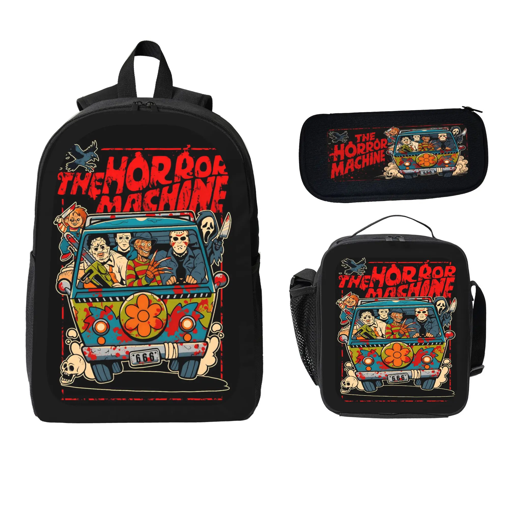 Horror Movie 3-Piece Backpack Set, Character Art Streetwear Bookbag with Lunch Bag & Pencil Case for Teens, Large Capacity Casual Backpacks for School, Character Art Backpacks
